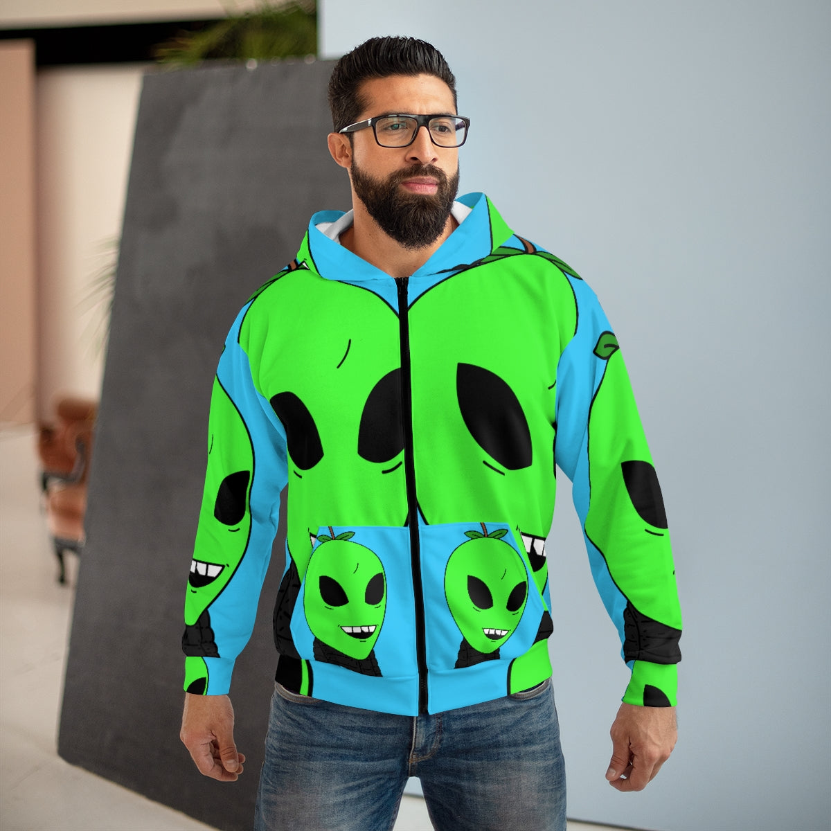 Apple Head Alien in Puffy Jacket AOP Unisex Zip Hoodie