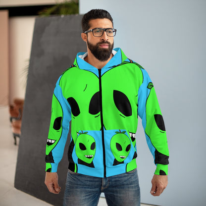 Apple Head Alien in Puffy Jacket AOP Unisex Zip Hoodie