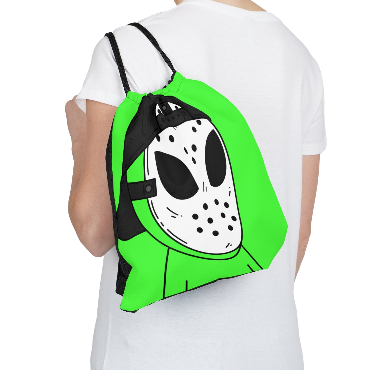 White Hockey Mask Green Alien Visitor  Outdoor Drawstring Bag