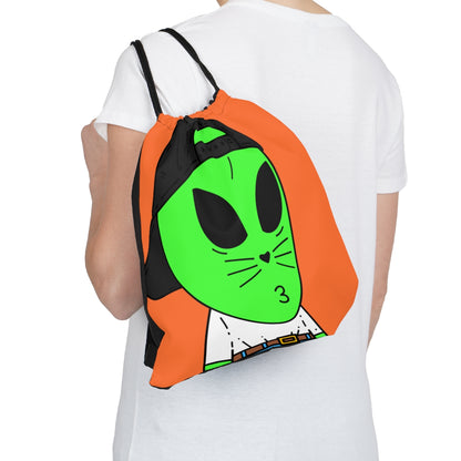 Cat Whiskers Visitor Green Alien Heart Nose Black Cap Outdoor Drawstring Bag