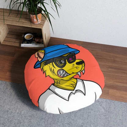 Yellow Wolf Wolve Cyborg Tufted Floor Pillow, Round