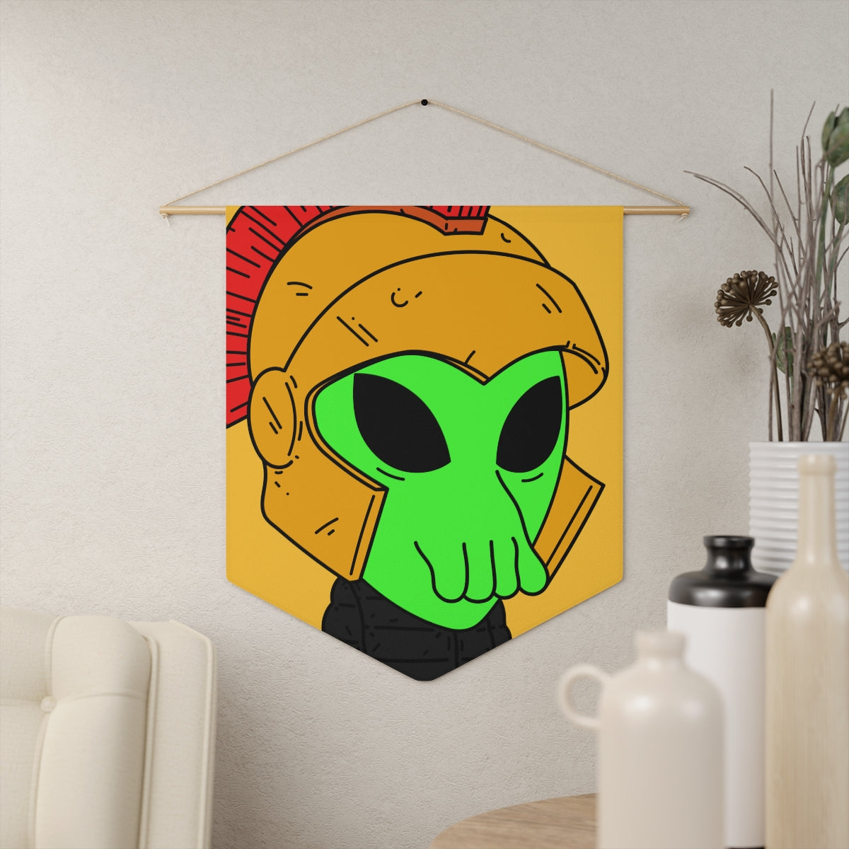 Green Spartan Helmet Alien Squid Mouth Visitor Pennant