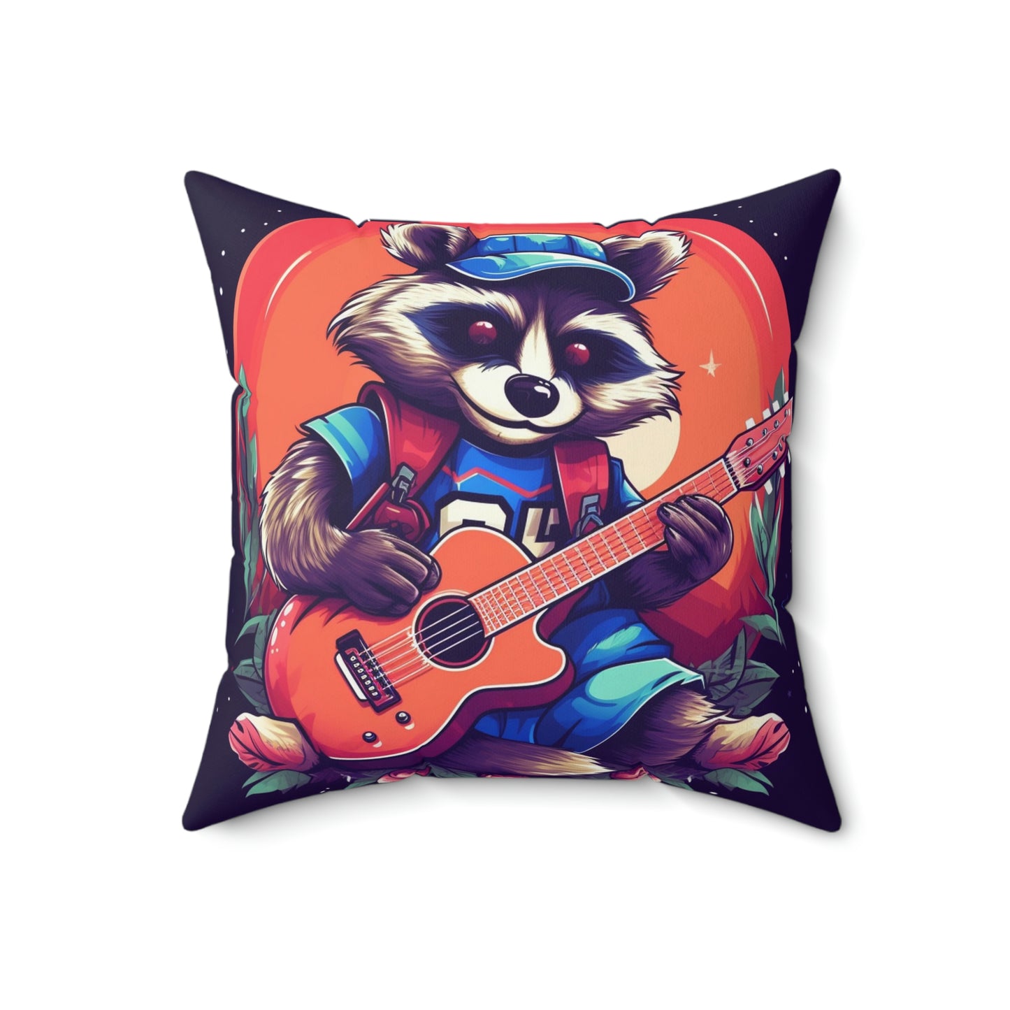 Mapache de guitarra acústica - Almohada cuadrada de poliéster hilado con decoración de músico animal peludo 