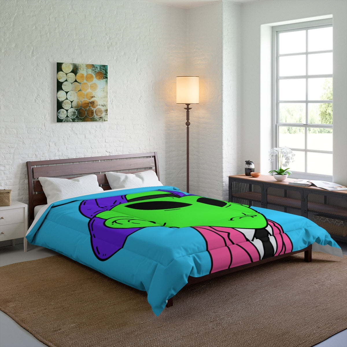 Pink Suit Small Ears Sad Face Purple Hat Green Visitor Bed Comforter