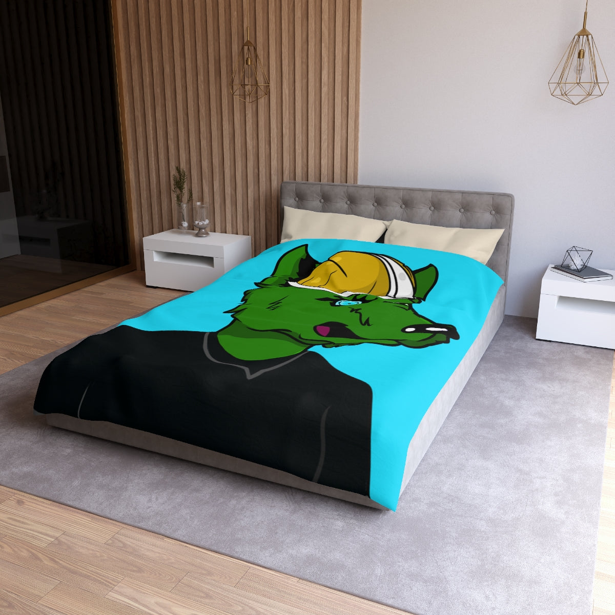 Cyborg Wolve Green Fur Black T Shirt Gold Miner Mining Mine Helmet Blue Bionic Eye Microfiber Duvet Cover