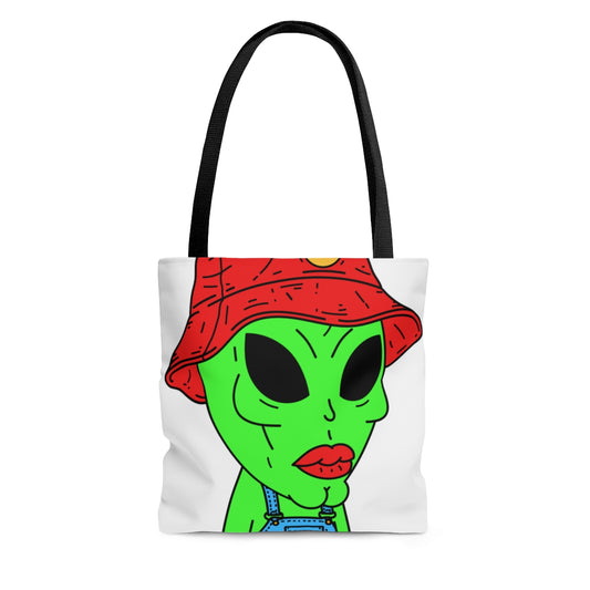 Viejo extraterrestre verde barbilla fuerte Sombrero rojo Visi Pantalón de granjero Visitante AOP Bolsa de tela 