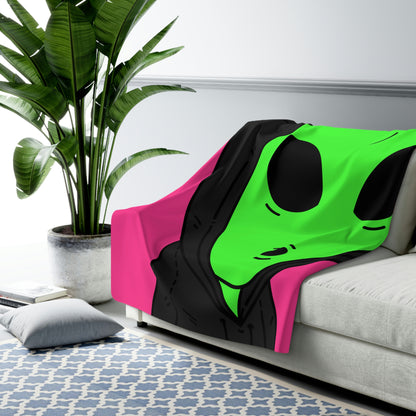 The Visitor Green Alien Black Hoodie Hood Pink Background Sherpa Fleece Blanket