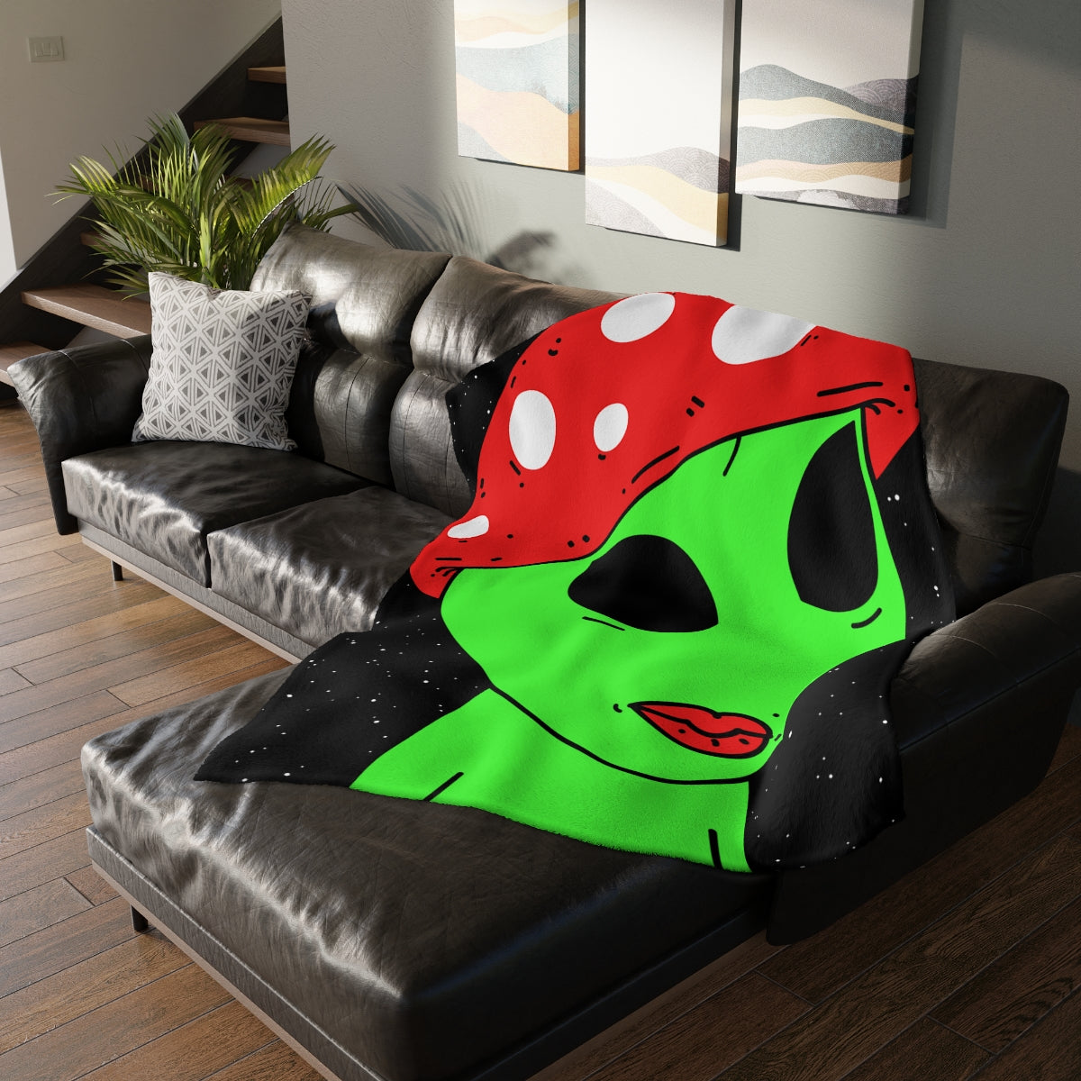 Multi Visitor (2) Green Alien w/ Devil Wings + Mushroom Head Velveteen Minky Blanket (Two-sided print) - Visitor751