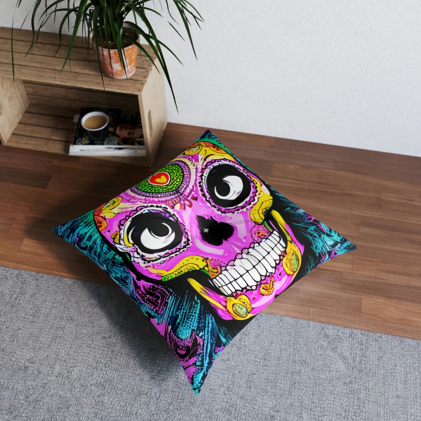 Cojín de suelo capitoné con cara de esqueleto de calavera psicodélica trippy, cuadrado 