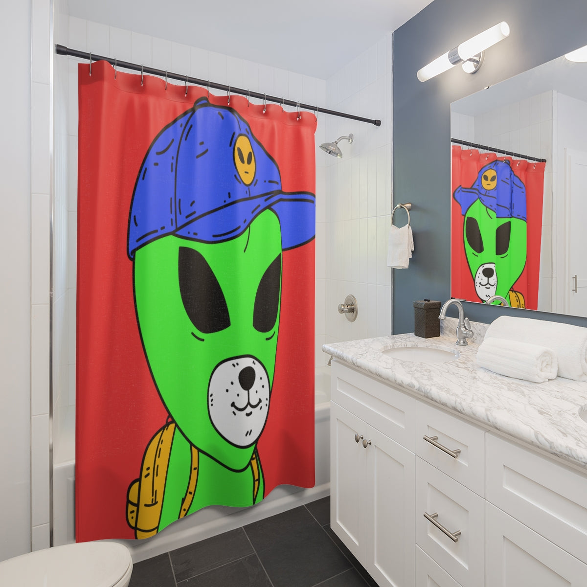 White Dog Bear Mouth Alien Green Visitor Yellow Backpack Blue Visi Hat Shower Curtains