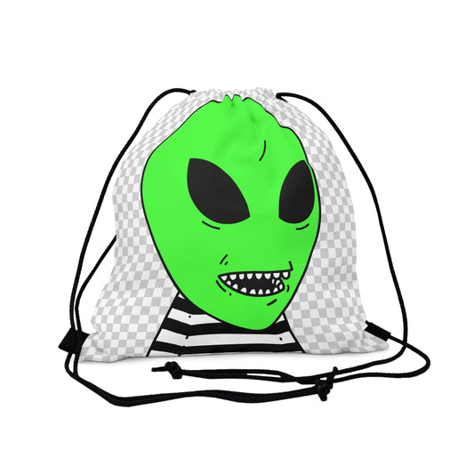 Green Alien Sharp Teeth Mouth Striped Black White Shirt Visitor Outdoor Drawstring Bag