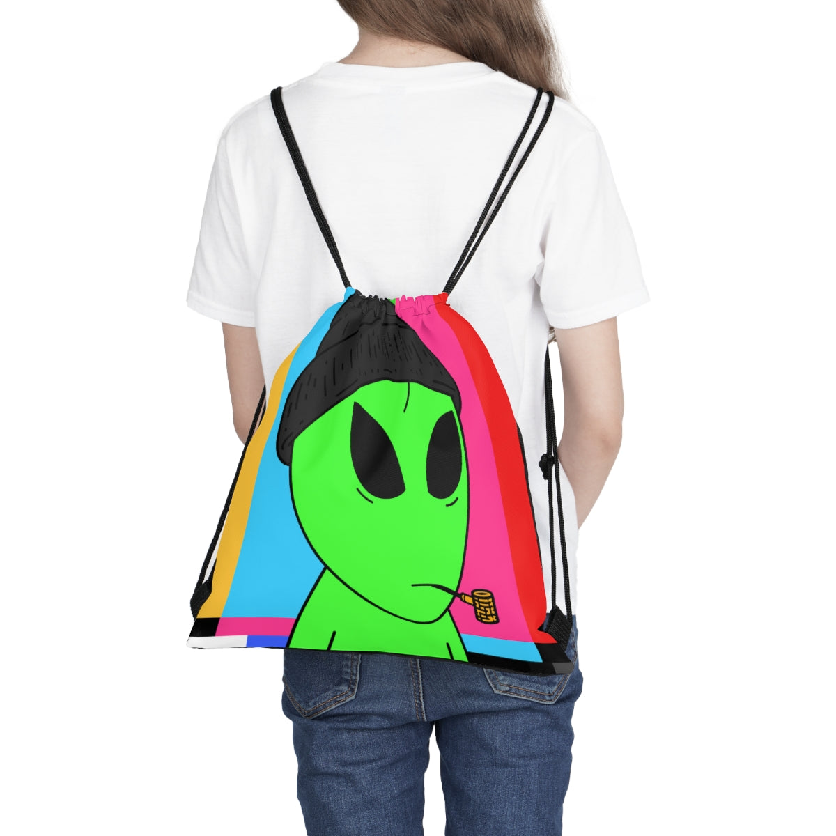 Pipe Smoking Green Visitor Black Hat Alien Outdoor Drawstring Bag