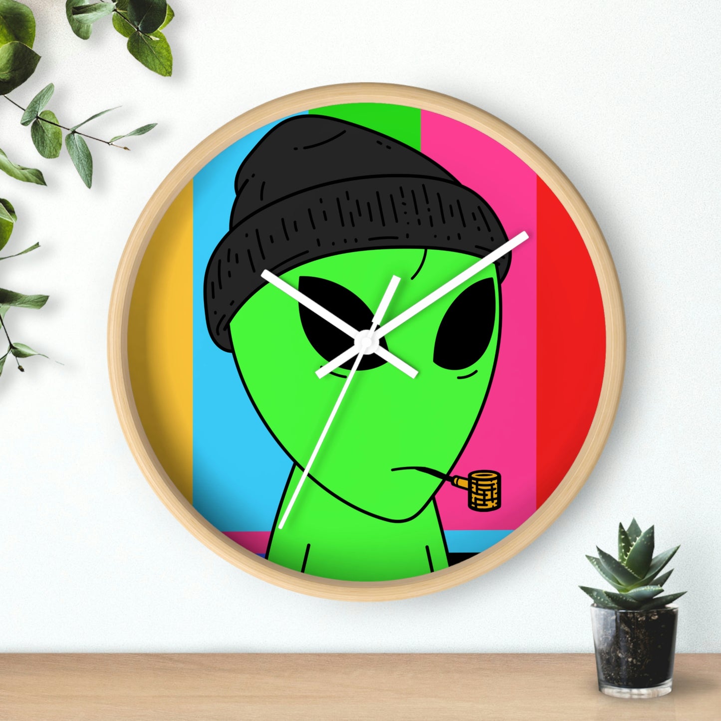 Pipe Smoking Green Alien Black Beanie Wall clock