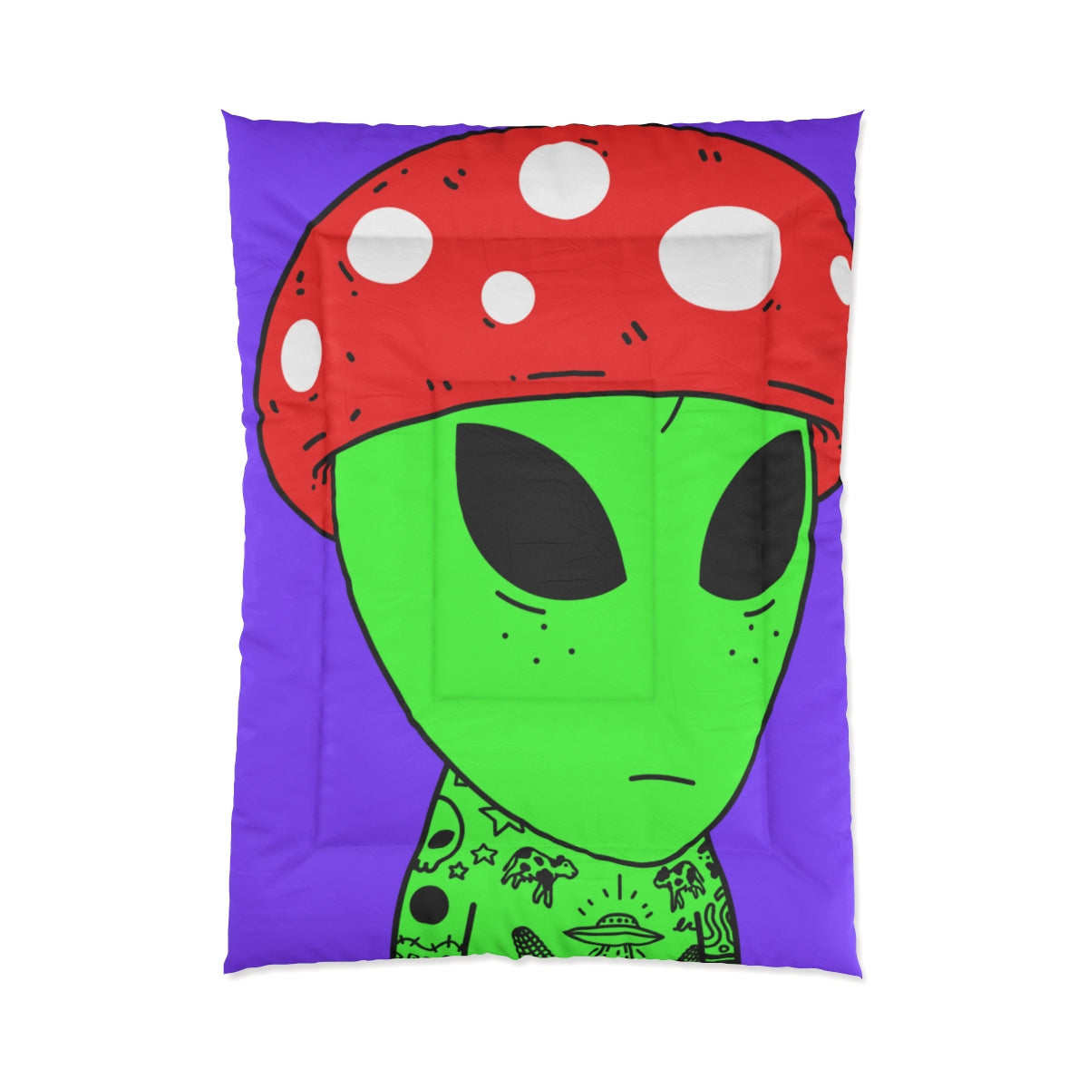 Red Mushroom Head Green Alien Freckles Space Cartoon Tattoos UFO Cows Milk Punisher Visitor Bed Comforter