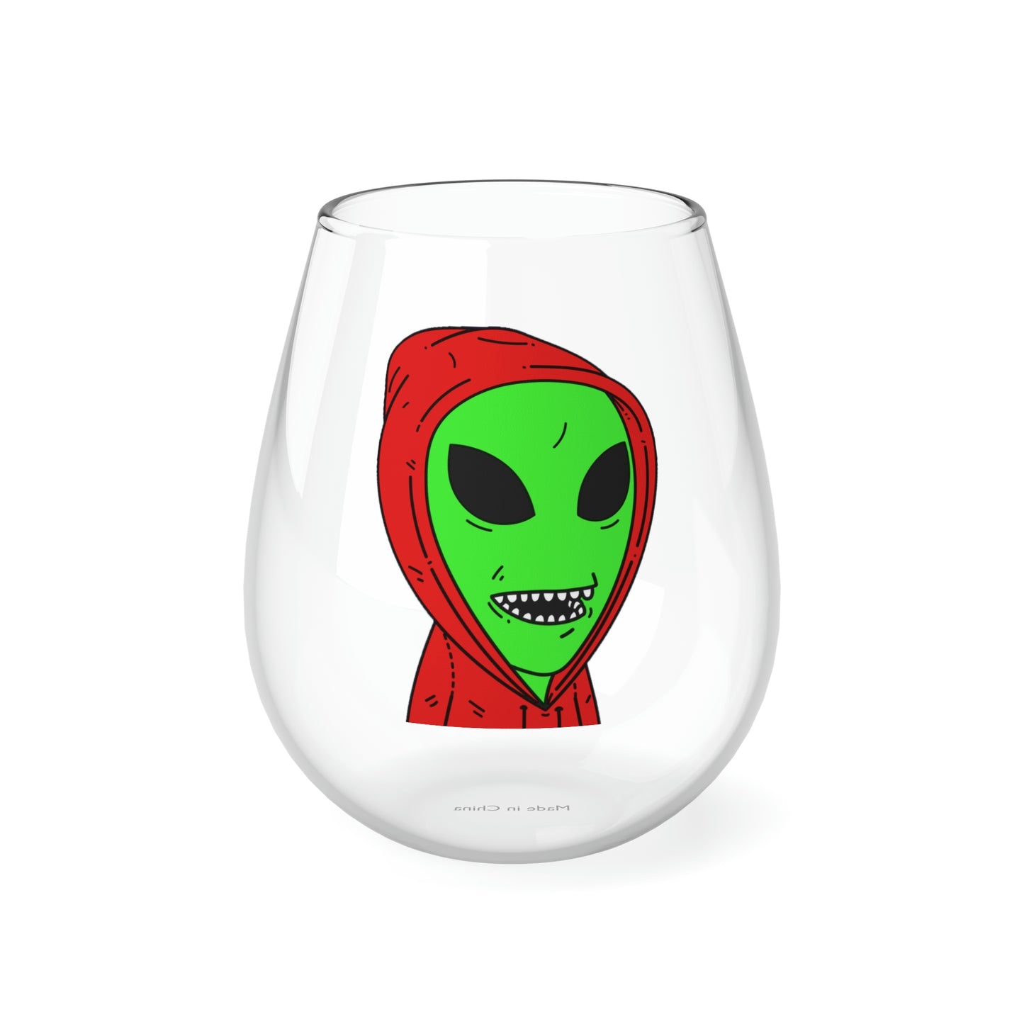 Red Hooded Green Visitor Big Bite Teeth Stemless Wine Glass, 11.75oz