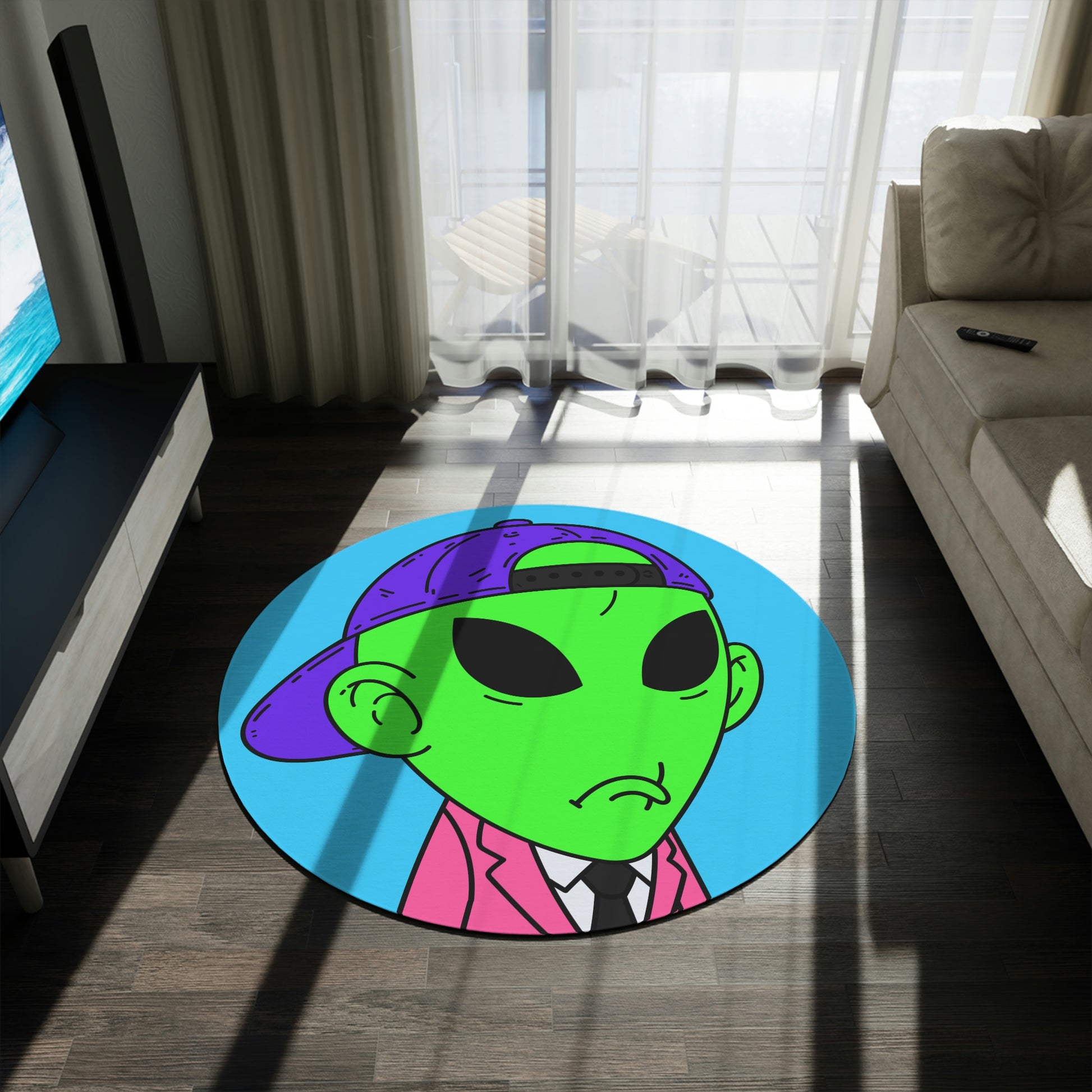 Pink Suit Small Ears Sad Face Purple Hat Green Visitor Round Rug - Visitor751