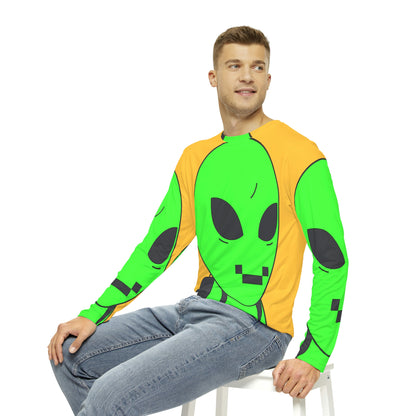 Green Alien Visitor Digital Face Black Backpack Men's Long Sleeve AOP Shirt