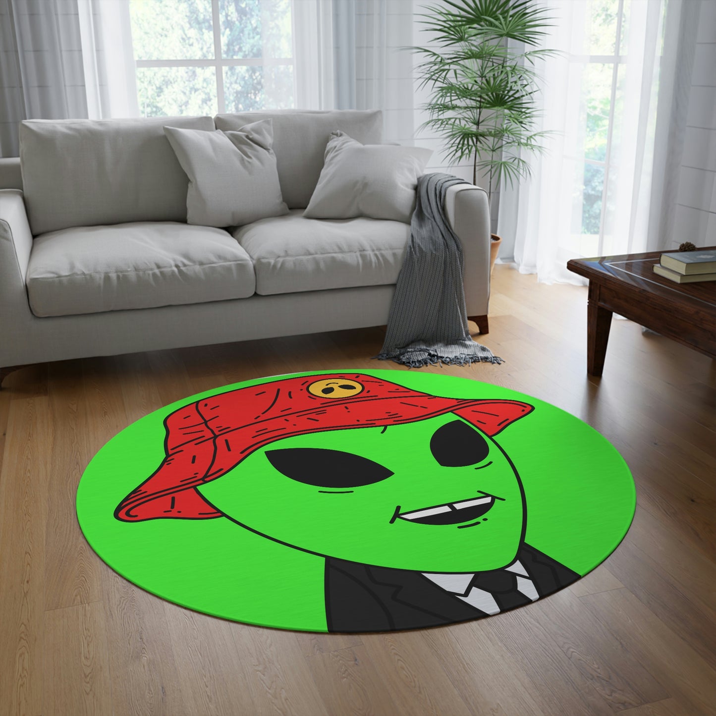 Extra Green Alien Black Suit Business Visitor Red Visi Hat Chipped Tooth Smile Round Rug - Visitor751