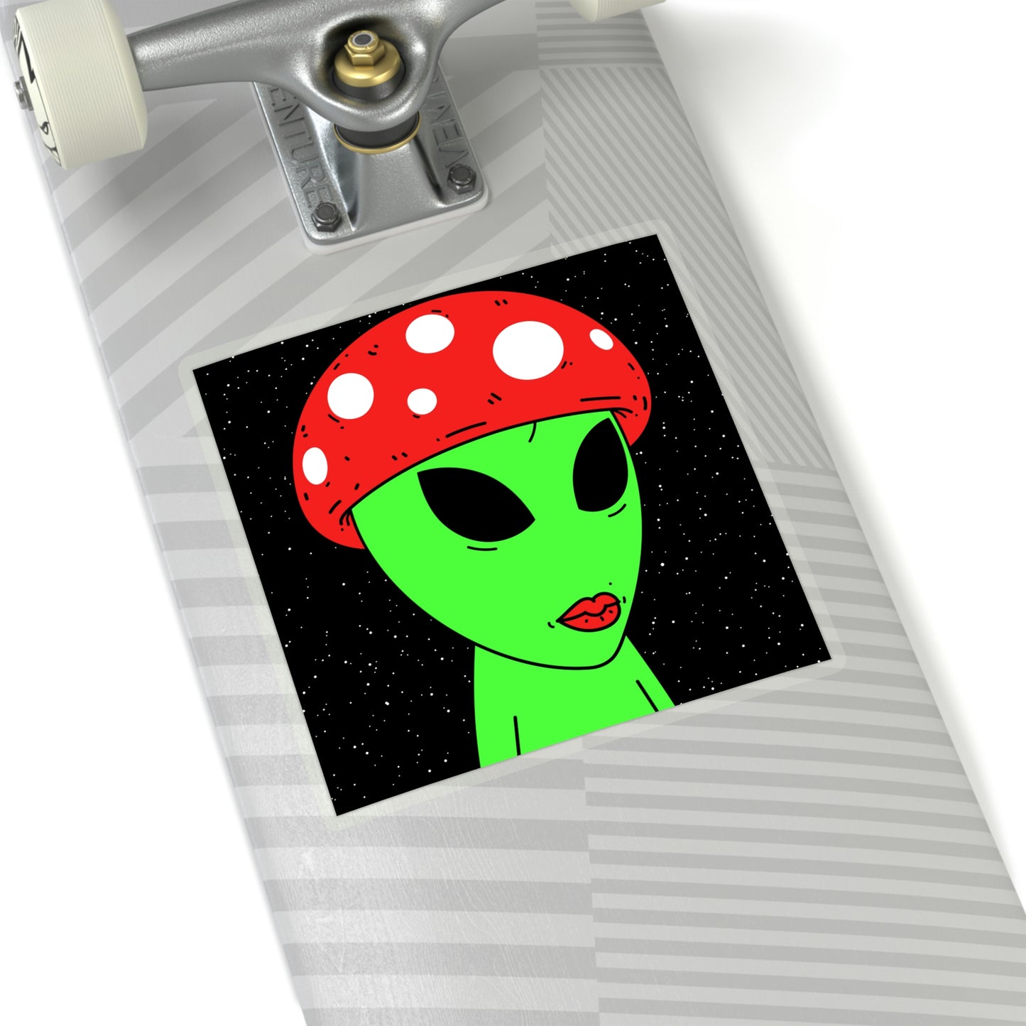 Mushroom Head Green Alien Visitor w/ Red Lips Kiss-Cut Stickers