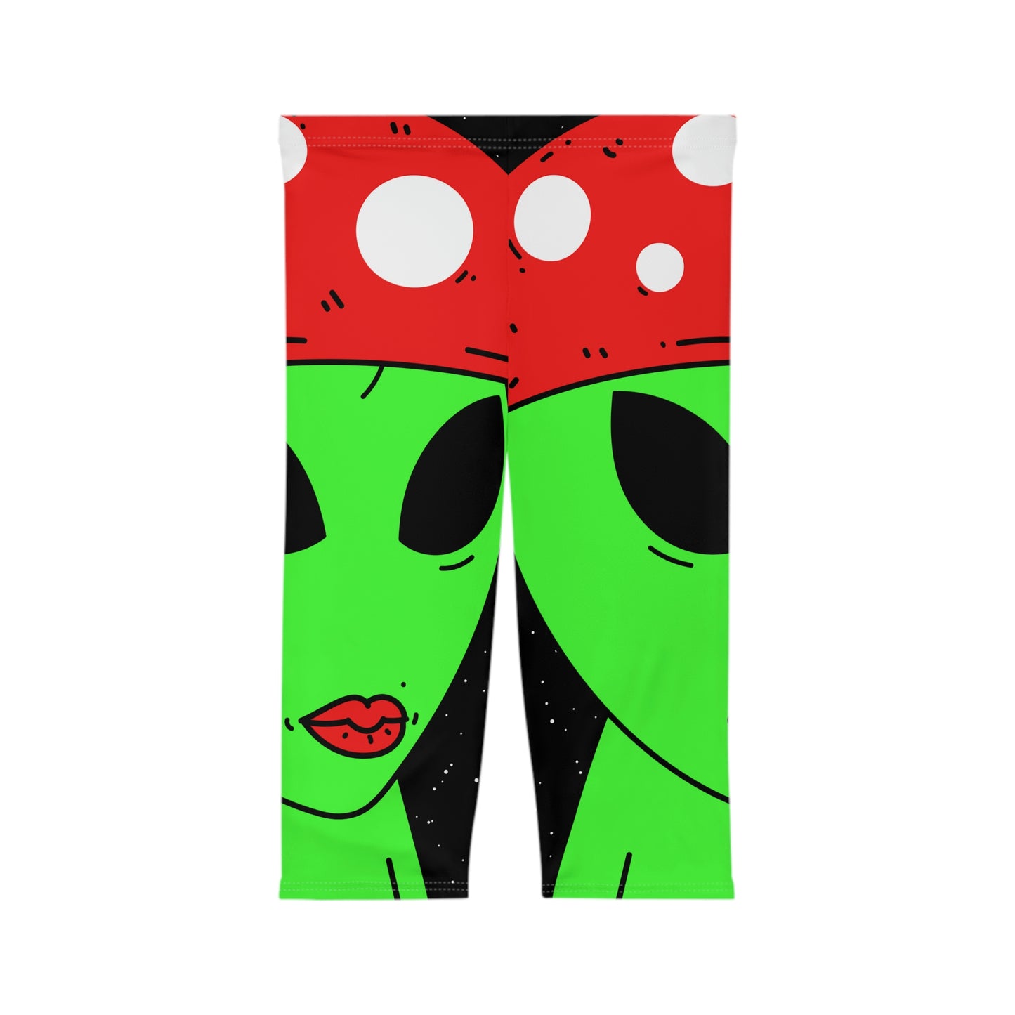 Mushroom Head Green Alien Visitor w/ Red Lips Women’s Capri Leggings (AOP)