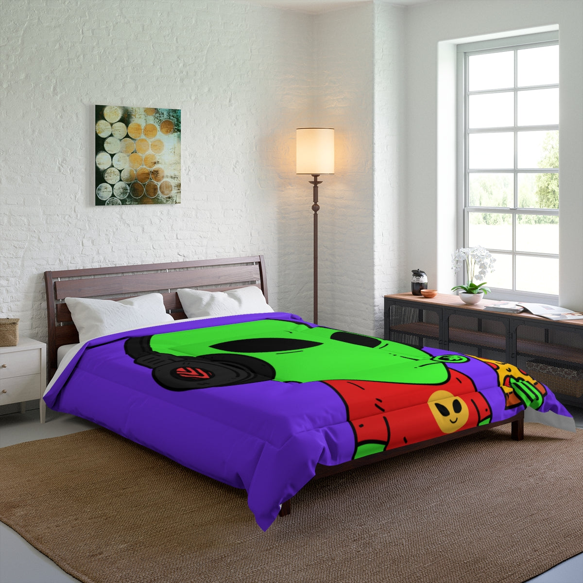 The Visitors Pizza Alien with Headphones Bed Comforter