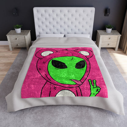 Pink Bear Green Peace Hand Tongue Visitor Alien Crushed Velvet Blanket