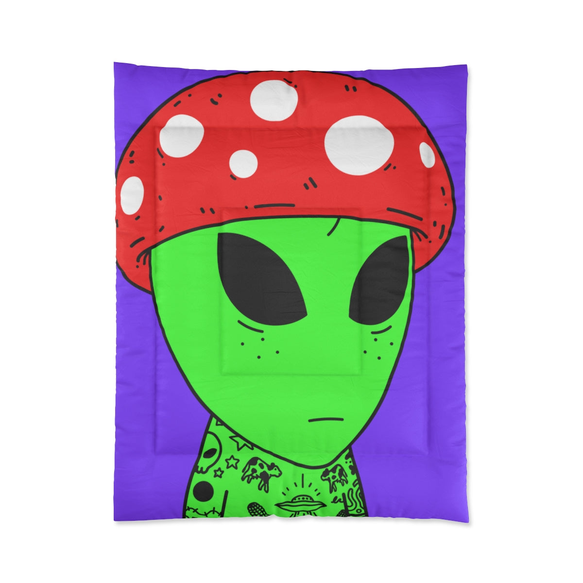 Red Mushroom Head Green Alien Freckles Space Cartoon Tattoos UFO Cows Milk Punisher Visitor Bed Comforter