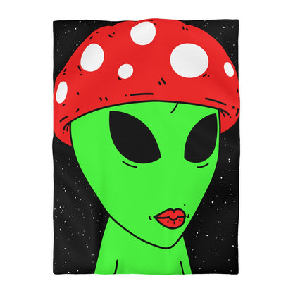 Mushroom Head Green Alien Visitor w/ Red Lips Microfiber Duvet Cover