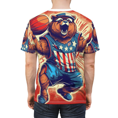 Slam Dunk for Independence:Patriotic Bear's 4th of July Basketball Game Unisex Cut & Sew Tee (AOP)