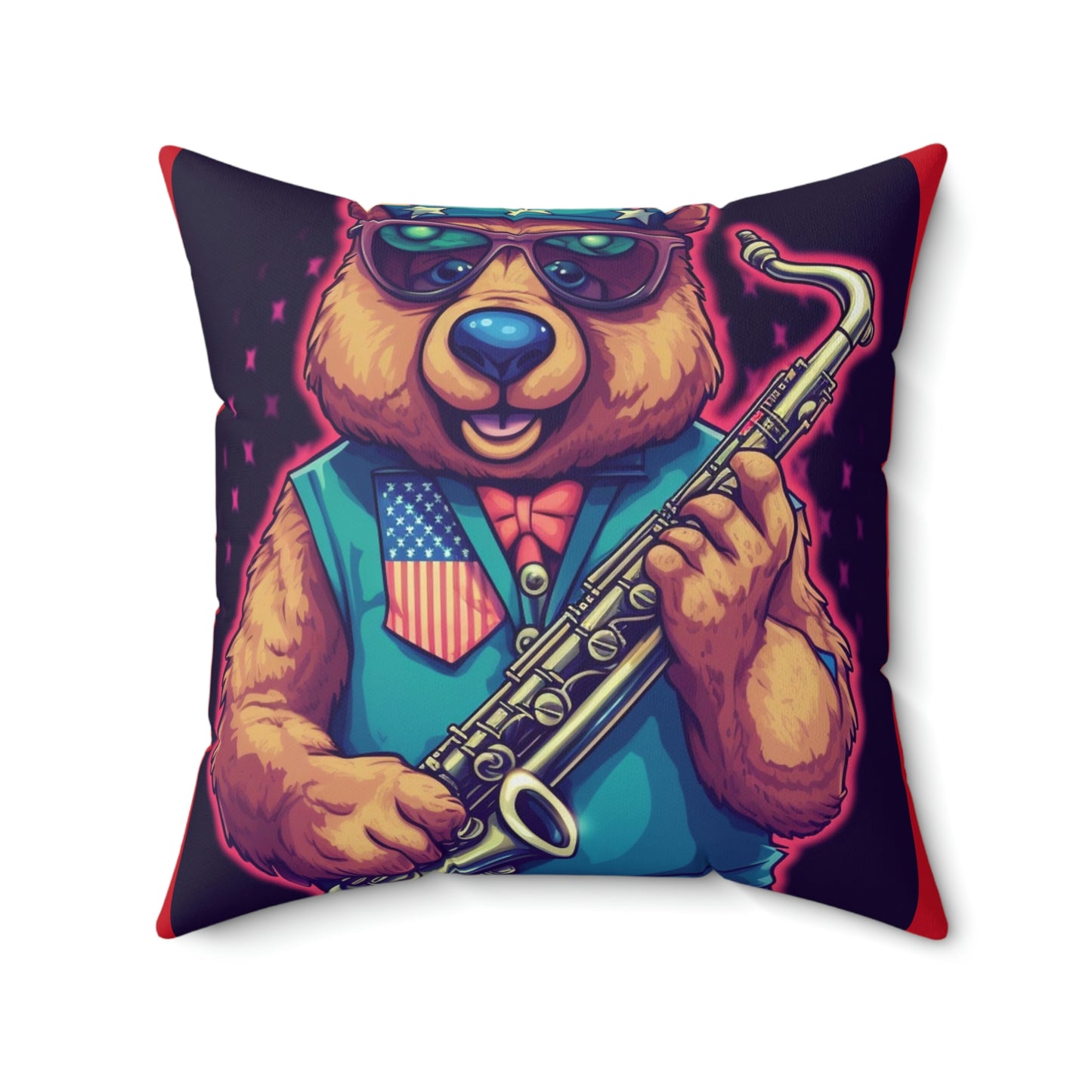 Jazz Stars and Stripes: Celebrate 4th of July with the Patriotic Bear's Saxophone Spun Polyester Square Pillow