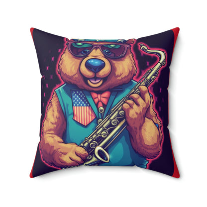 Jazz Stars and Stripes: Celebrate 4th of July with the Patriotic Bear's Saxophone Spun Polyester Square Pillow