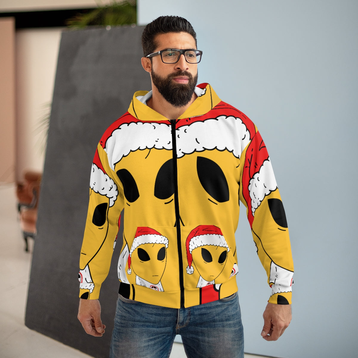 Navidad rojo Santa Hat Alien AOP Sudadera con capucha unisex con cremallera 