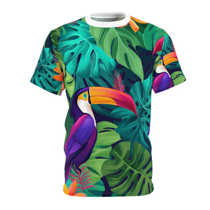 Vivid Tropical Birds & Leaves - Seamless Pattern Unisex Cut & Sew Tee (AOP)