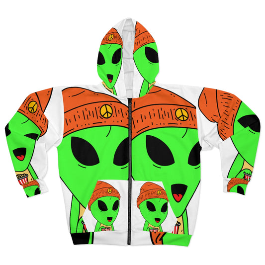 Popcorn Movie Peaceful Alien AOP Unisex Zip Hoodie