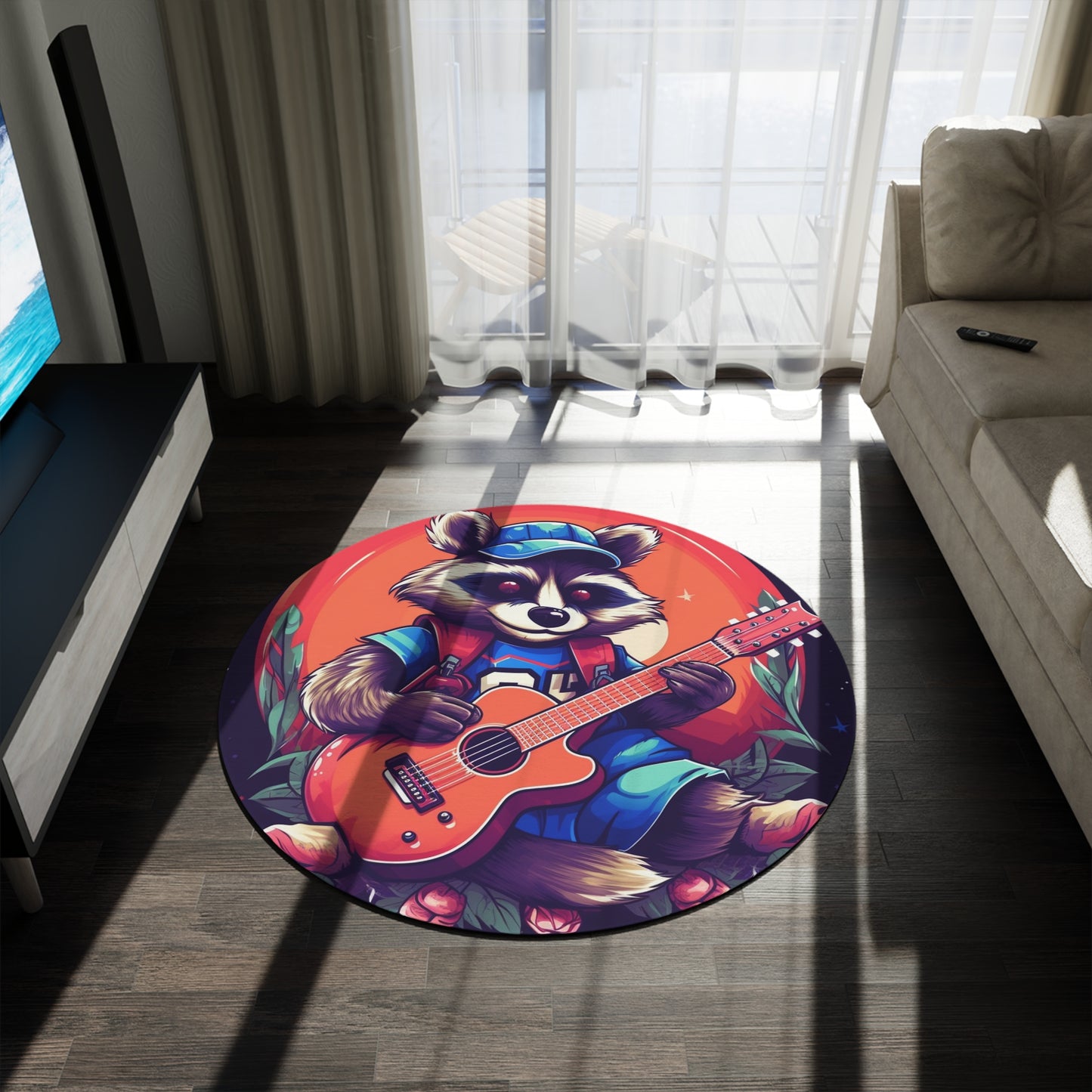 Acoustic Guitar Raccoon - Furry Animal Musician Decor Round Rug