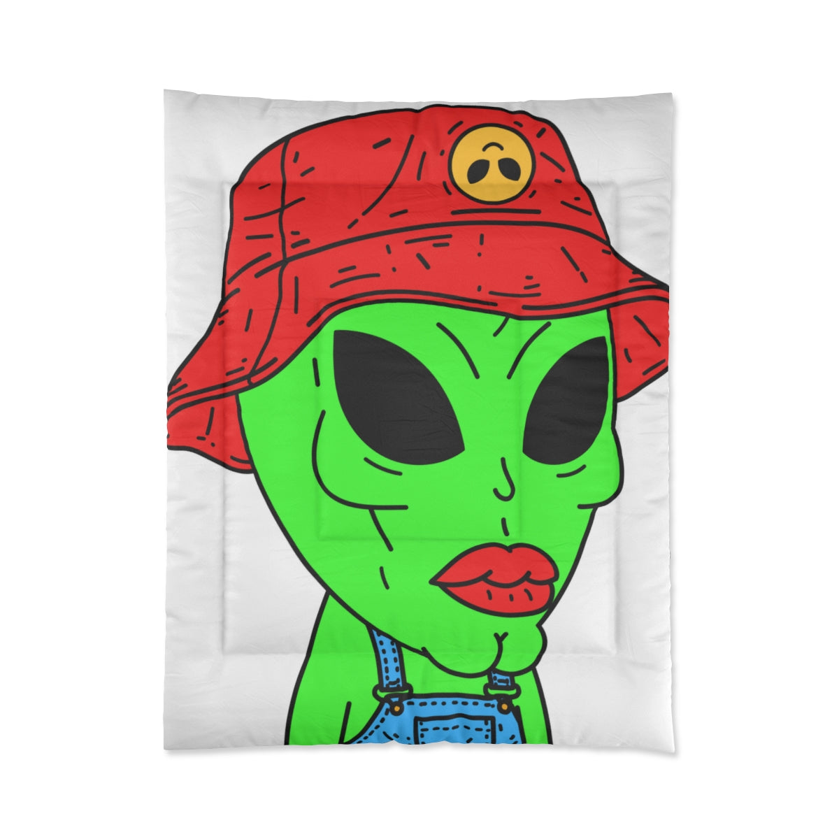 Viejo alienígena verde, barbilla fuerte, sombrero rojo Visi, pantalón de granjero, cama de visitante Colcha