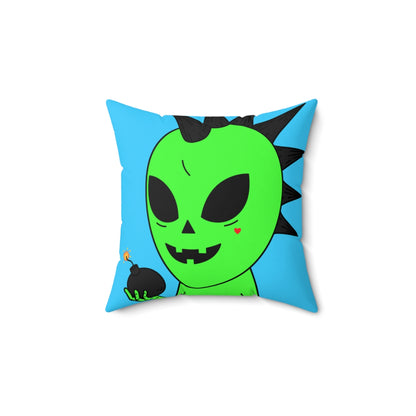 Green Alien Black Spiked Hair Pumkin Face Bomb Visitor Spun Polyester Square Pillow