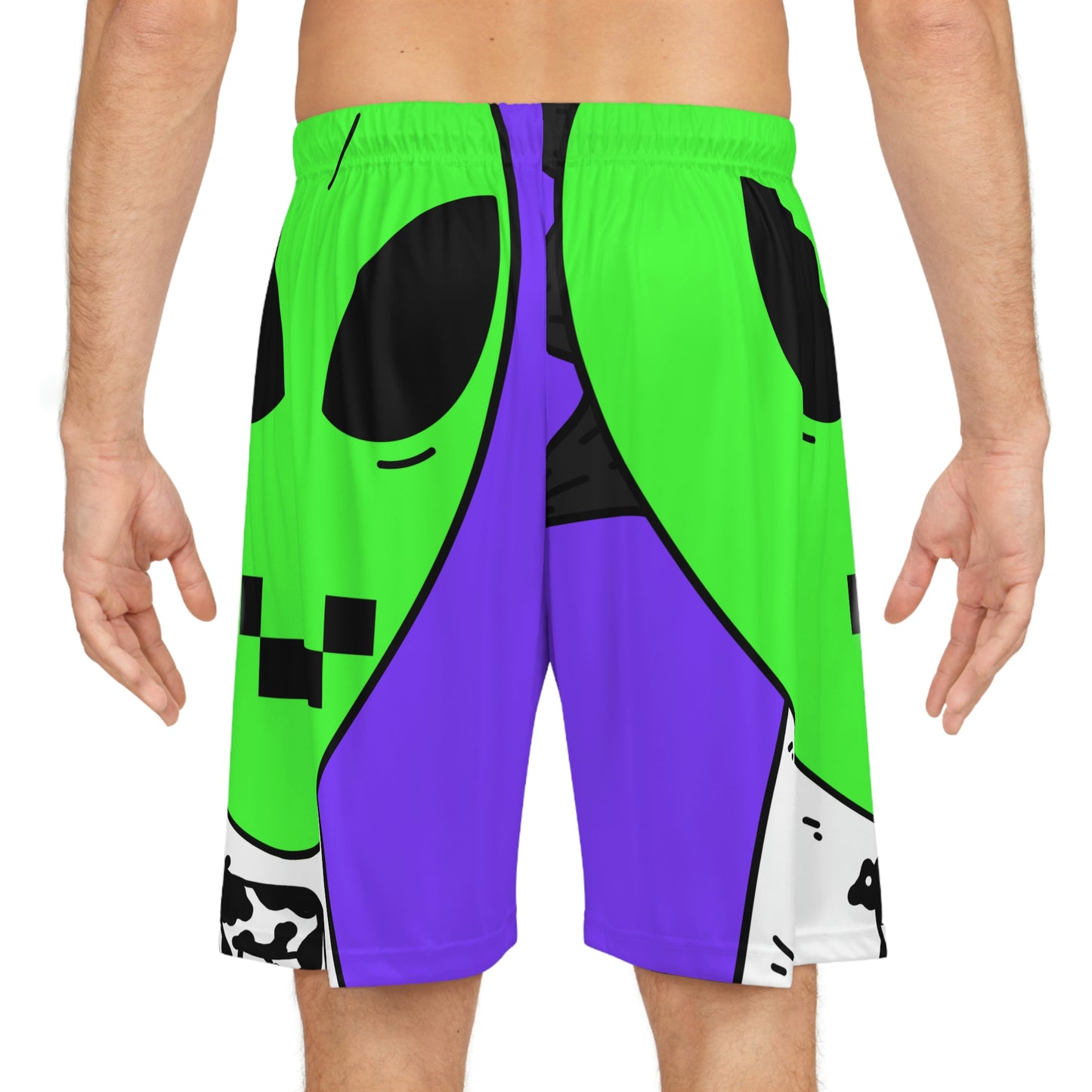 Cow Green Alien Spike Black Hair Digital Smile Visitor Basketball Shorts (AOP)