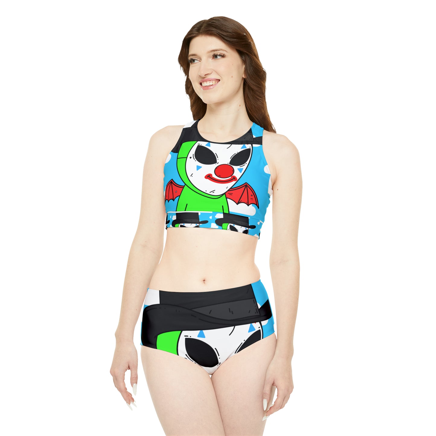 Clown Visitor Green Alien w/ Devil Wings Sporty Bikini Set (AOP)