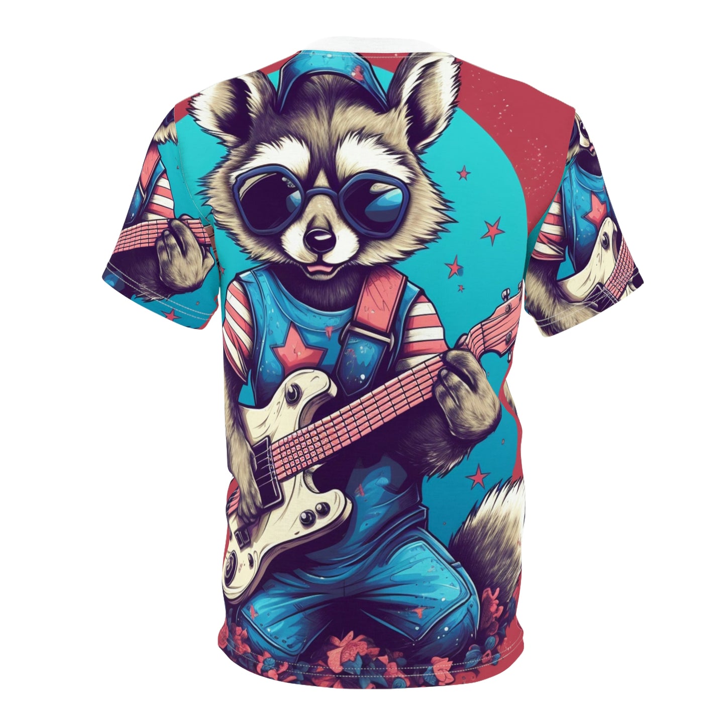 Patriotic Rock 'n' Roll Raccoon: Furry Guitar Player Unisex Cut & Sew Tee (AOP)