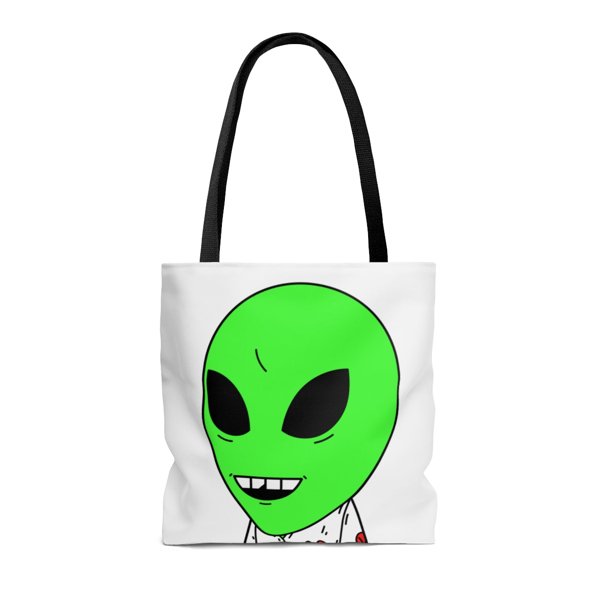 Visi Jersey Chipped Tooth Large Smile Face Green Alien Visitor AOP Tote Bag