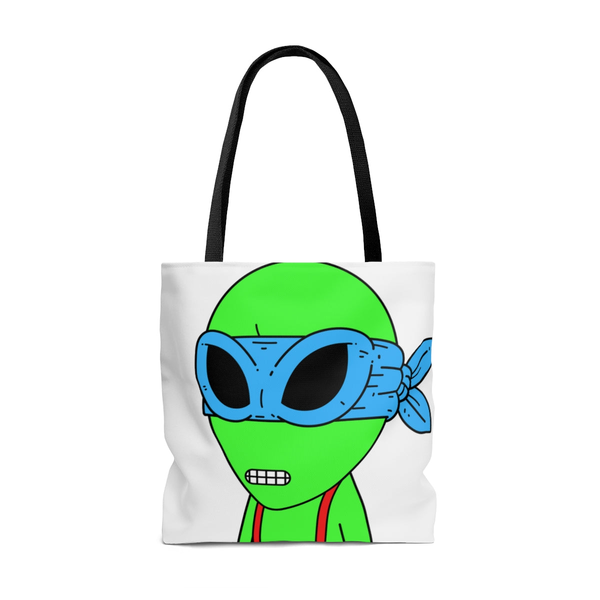 Green Alien Blue Ninja Mask Red Suspenders Visitor AOP Tote Bag