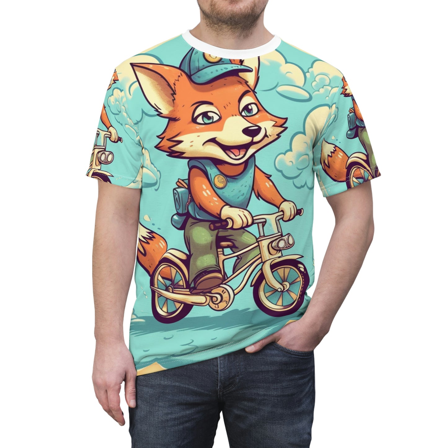 Fox Bike Ride Adventure Graphic Cyclist Unisex Cut & Sew Tee (AOP)