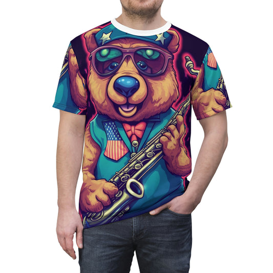 Jazz Stars and Stripes: Celebrate 4th of July with the Patriotic Bear's Saxophone Unisex Cut & Sew Tee (AOP)