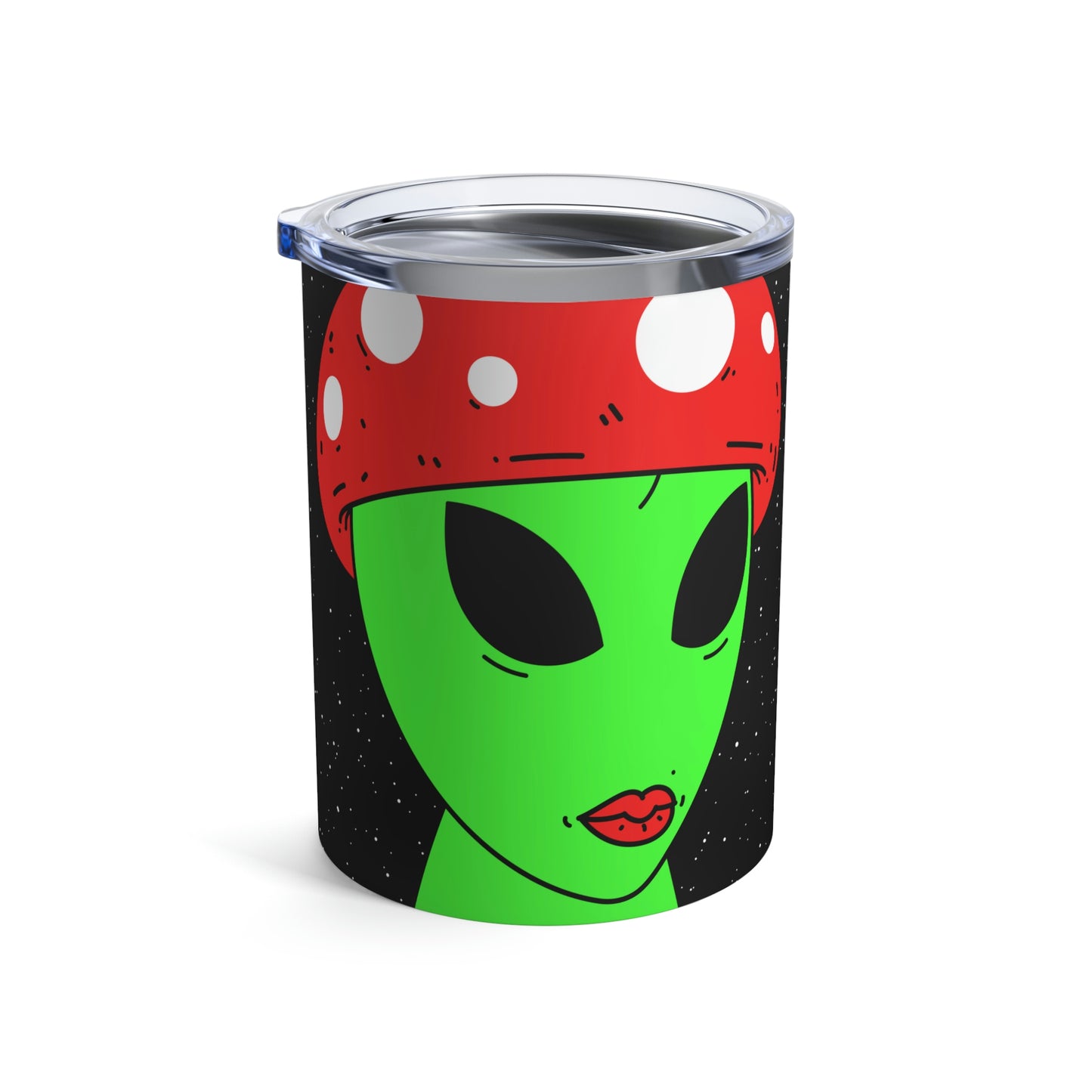 Mushroom Head Green Alien Visitor w/ Red Lips Tumbler 10oz