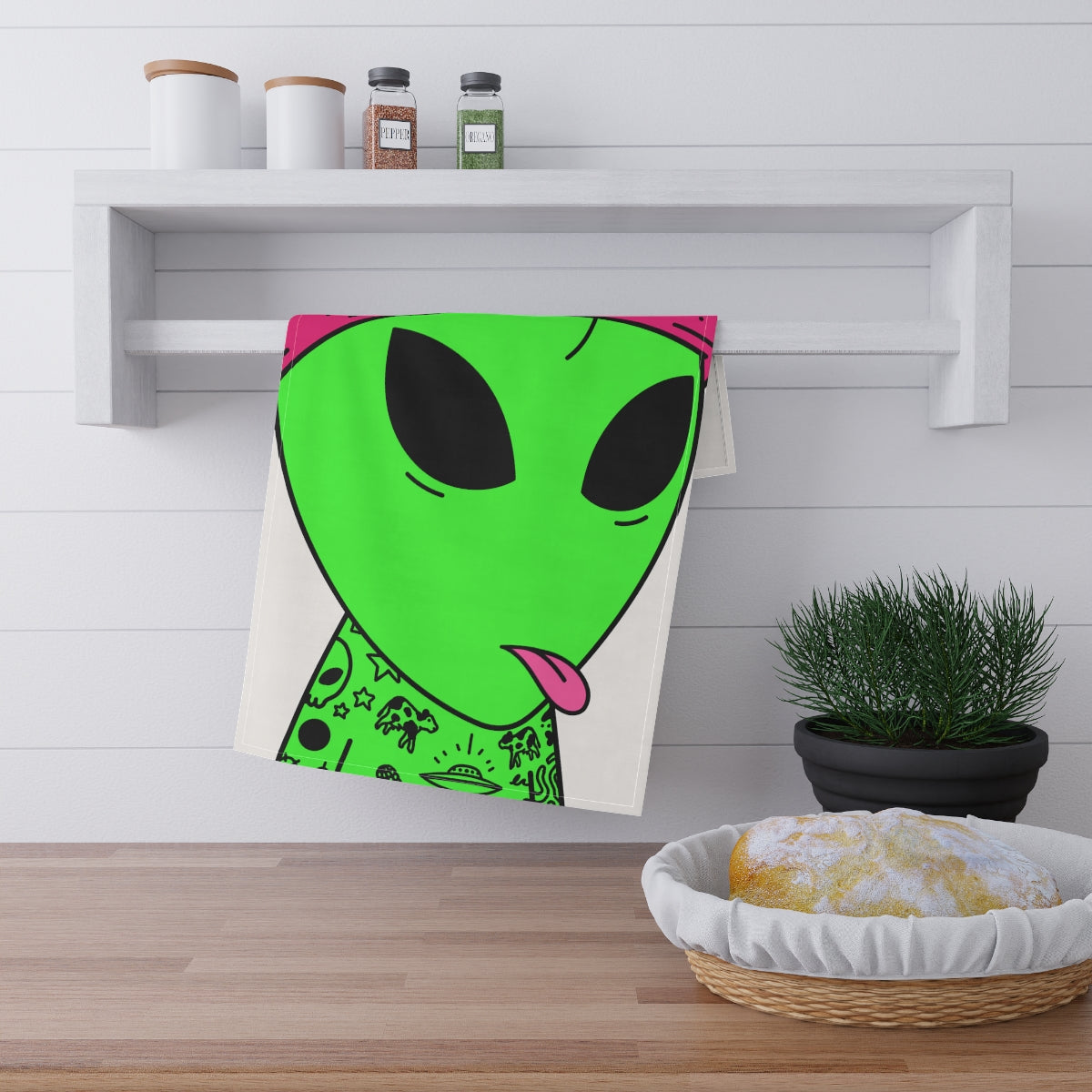 Toalla de cocina con lengua rosa, sombrero de paz, tatuajes extraterrestres, OVNI, espacio, visitante extraterrestre 