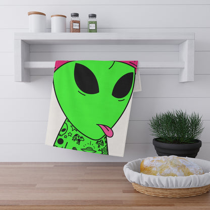 Toalla de cocina con lengua rosa, sombrero de paz, tatuajes extraterrestres, OVNI, espacio, visitante extraterrestre 