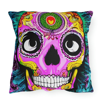 Trippy psychedelic Skull Skeleton Head Face Outdoor Pillows