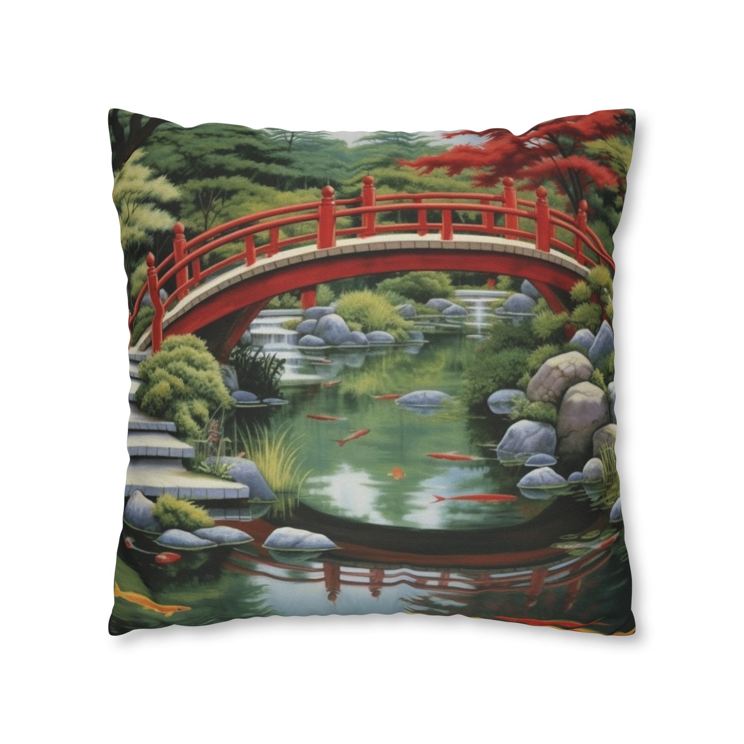 Japanese Garden Art - Tranquil Koi Pond Red Bridge Spun Polyester Square Pillow Case