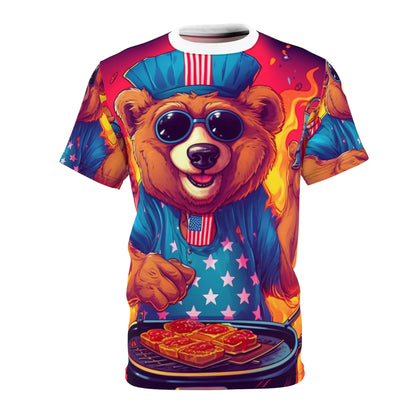 Patriotic Bear's BBQ Bash: Grill and Chill this of July 4 USA ユニセックス カットソー Tシャツ (AOP) 